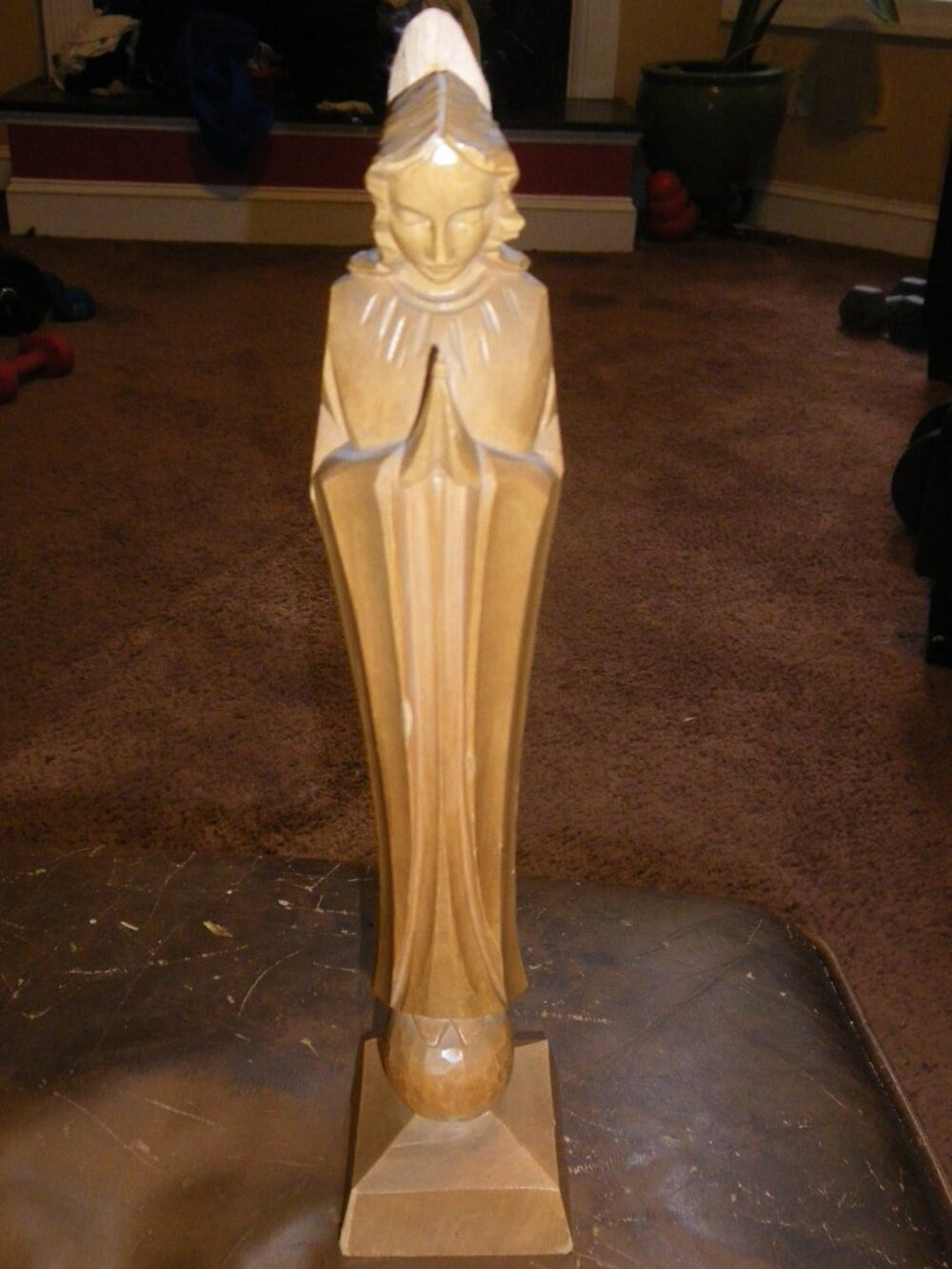 Vintage Hand Carved Wooden Tall Slender Statue Woman Praying